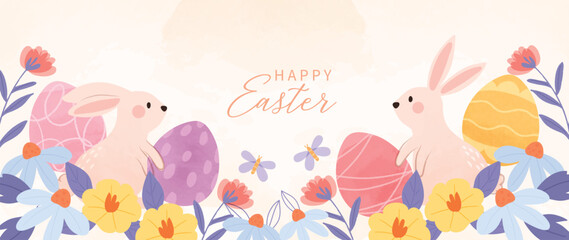 Fototapeta na wymiar Happy Easter watercolor element background vector. Hand painted cute rabbits with easter eggs, spring flowers and butterfly. Collection of adorable doodle design for decorative, card, kids, banner.