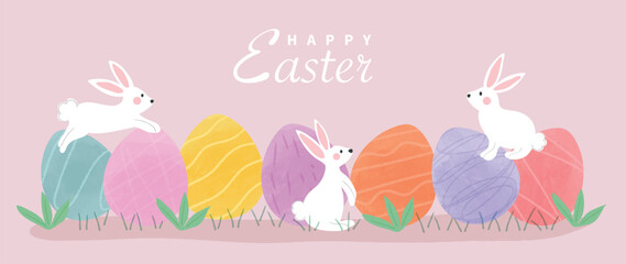 Happy Easter watercolor element background vector. Hand painted cute white rabbits with easter eggs and grass field garden. Collection of adorable doodle design for decorative, card, kids, banner.
