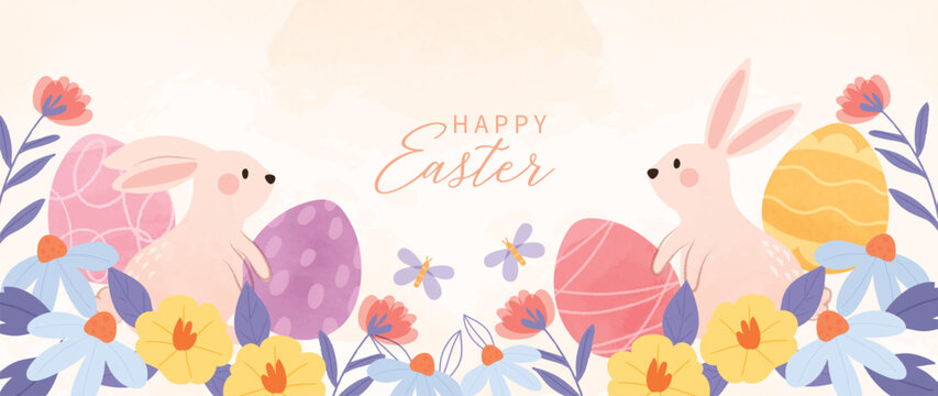 Happy Easter watercolor element background vector. Hand painted cute rabbits with easter eggs, spring flowers and butterfly. Collection of adorable doodle design for decorative, card, kids, banner.