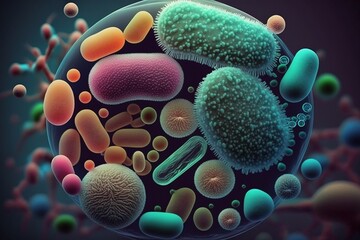 Close up of microbes including bacteria, virus, fungi etc. Created using Generative AI - obrazy, fototapety, plakaty