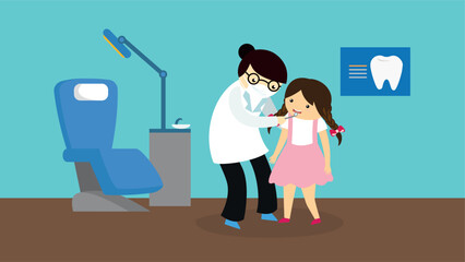 Dentist and little girl in dental office. Vector illustration.