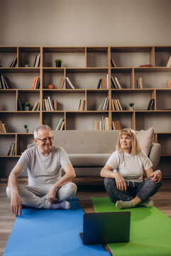 Athletic senior man and woman training at home, smiling mature couple planking together, using modern notebook, watching fitness class on Internet, exercising at home, panorama with copy space