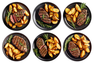 Collection of black plates with grilled beef steaks and potatoes top view, cut out. Based on Generative AI