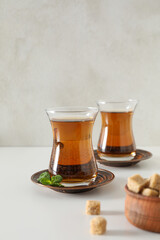 Concept of traditional turkish brewed hot drink, turkish tea, space for text