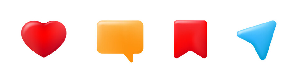 Set of social media 3d icons buttons illustration. Share, heart, like element - obrazy, fototapety, plakaty