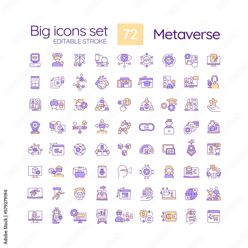 Sticker Metaverse RGB color icons set. Technology of virtual reality. Machine learning algorithm. AI generated models. Isolated vector illustrations. Simple filled line drawings collection. Editable stroke