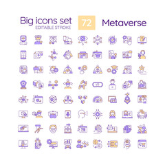 Fototapeta premium Metaverse RGB color icons set. Technology of virtual reality. Machine learning algorithm. AI generated models. Isolated vector illustrations. Simple filled line drawings collection. Editable stroke