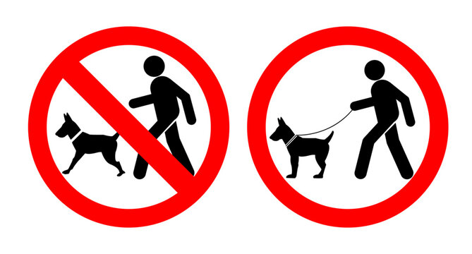 Walking with the dog, keep your dog on a leash. Cartoon walk with hound and lead icon. Pet on lead allowed only. Vector stick figure dog pictogram.