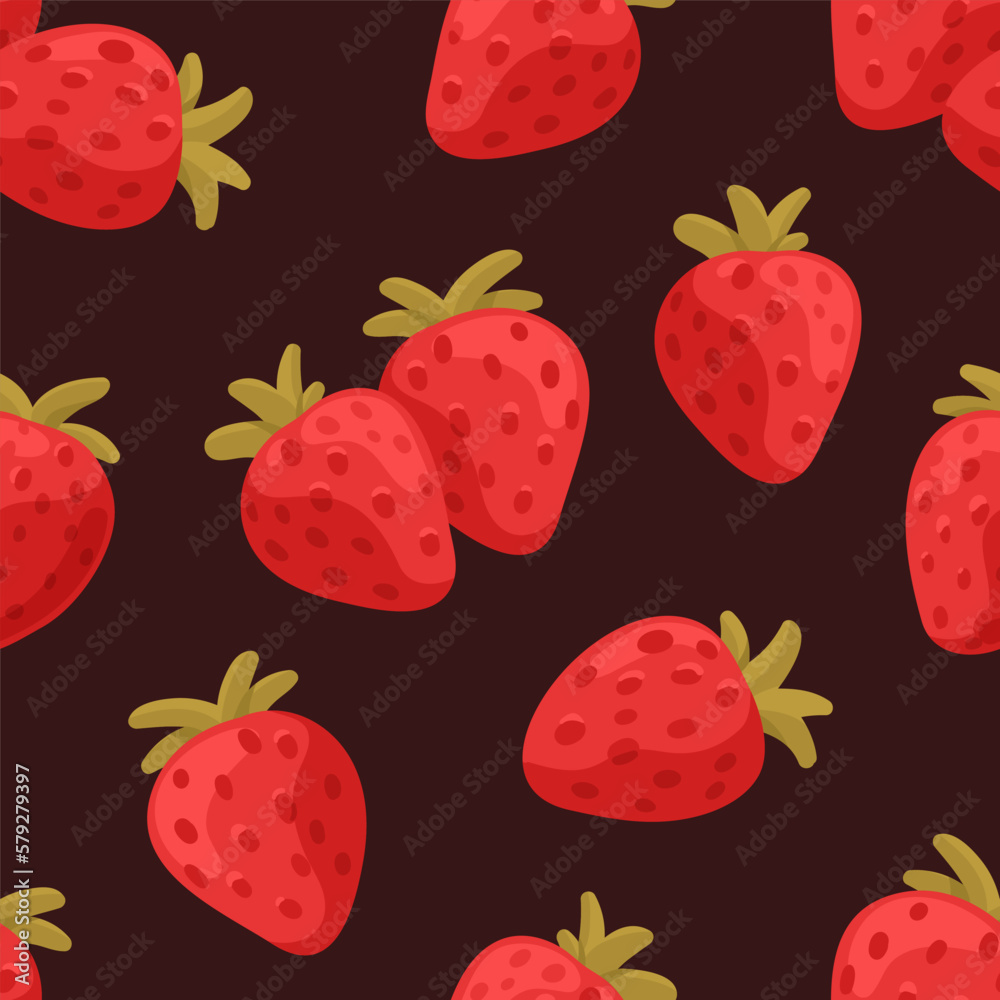 Poster strawberries, seamless pattern. endless black background with red berries, repeating print. fresh sw