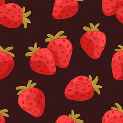 Strawberries, seamless pattern. Endless black background with red berries, repeating print. Fresh sweet summer fruits, texture design for textile, fabric, wallpaper. Flat cartoon vector illustration