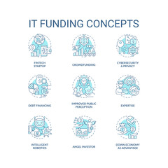 IT funding turquoise concept icons set. Financial resources for digital industry idea thin line color illustrations. Isolated symbols. Editable stroke. Roboto-Medium, Myriad Pro-Bold fonts used