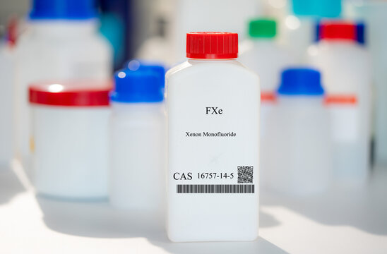 FXe xenon monofluoride CAS 16757-14-5 chemical substance in white plastic laboratory packaging