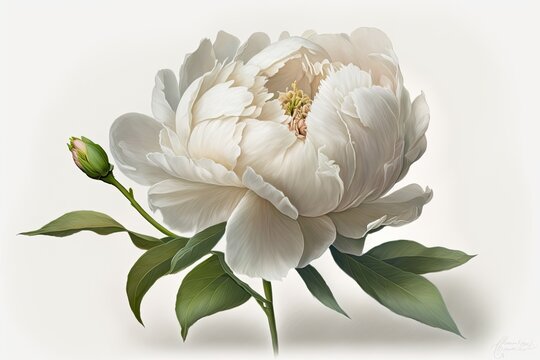 A white peony flower head is depicted in watercolor on a white background in a realistic manner. Generative AI