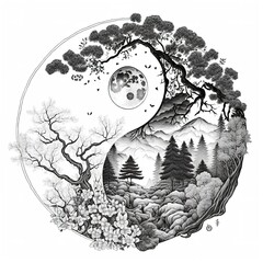 La sérénité du Japon en noir et blanc : Yin et Yang dans un paysage naturel"