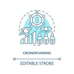Crowdfunding turquoise concept icon. Raise money. Tech startup financing option abstract idea thin line illustration. Isolated outline drawing. Editable stroke. Arial, Myriad Pro-Bold fonts used
