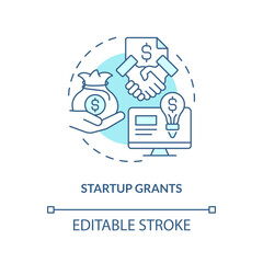 Startup grants turquoise concept icon. Get award. Tech business financing option abstract idea thin line illustration. Isolated outline drawing. Editable stroke. Arial, Myriad Pro-Bold fonts used