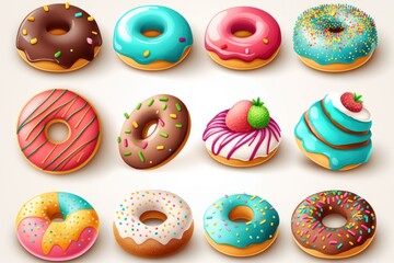 Fototapeta na wymiar Cute sweet objects 3d illustration cartoon donuts on color background. Doughnuts day. Generative ai.
