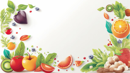 Healthy food on white background with empty copy space and boarder illustration. Health lifestyle concept. Generative ai.