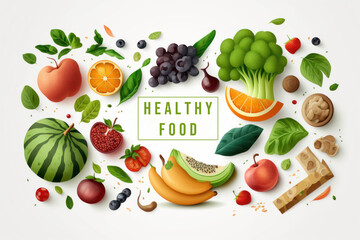 Healthy food on white background with empty copy space and boarder illustration. Health lifestyle concept. Generative ai.