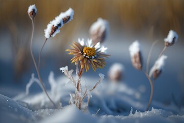 The scenery in the wintertime. Visual representation of winter. Flower in a freeze frame a narrow depth of field. Generative AI