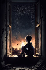child boy looks out window with bomb explosions in a destroyed city. concept no war. Generative AI