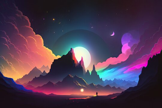 Scenery in the abstract, reminiscent of a neon space fantasy. A star filled sky, a full moon, some mountains, and a thick blanket of fog. Incredibly implausible alternate reality. Allusions to the zod