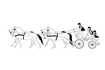 Equestrian driving, a team of four horses with a carriage, black and white illustration