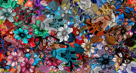 Fototapeta na wymiar Computer graphics of abstract floral psychedelic background stylization of colored chaotic stickers in the form of leaves