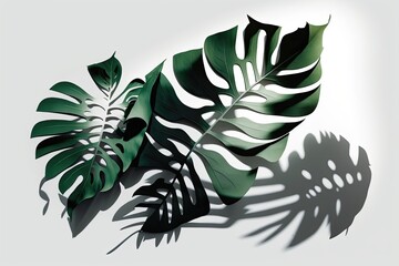 The natural shadow of tropical leaves superimposed on a white background, for use as a seasonal summer overlay in a presentation, backdrop, or mockup. Generative AI