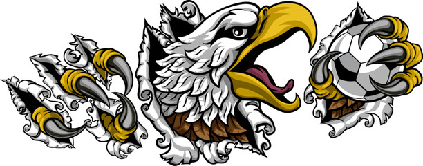 A bald eagle or hawk with claw talons holding a soccer football ball and ripping or tearing through the background. Sports Mascot - obrazy, fototapety, plakaty