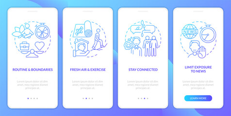 Remote workplace wellbeing tips blue gradient onboarding mobile app screen. Walkthrough 4 steps graphic instructions with linear concepts. UI, UX, GUI template. Myriad Pro-Bold, Regular fonts used
