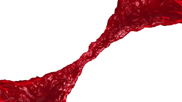 Stream of red wine or juice on a white background. Liquid splash 3d animation. Pomegranate, raspberry and strawberry drink or syrup or alcohol drink.