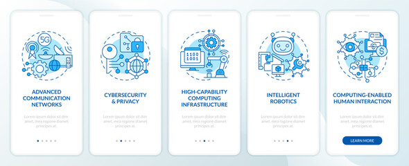 Governmental IT funding blue onboarding mobile app screen. Finance walkthrough 5 steps editable graphic instructions with linear concepts. UI, UX, GUI template. Myriad Pro-Bold, Regular fonts used