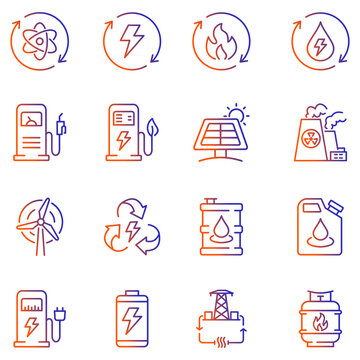 Set of vector icons related to types of energy. Vector illustrations such as atomic energy, water energy, fire energy and more with editable gradient outlines.