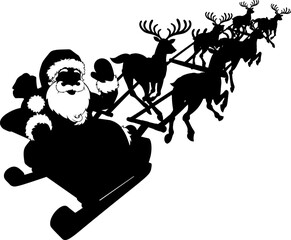 Silhouette Santa Claus and his reindeer Christmas sleigh sled