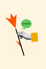 Pinup stylish composition collage arm holding unreal draw tulip symbolizing spring month time season beginning