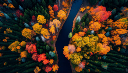 Generative Ai. Aerial over forest  Fall colors and lake v2