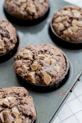 Double Chocolate muffins homemade baked close up selective focus