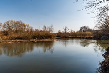 Fototapeta na wymiar Odre river near Polanka nad Odrou in early springtime CHKO Poodri in Czech republic