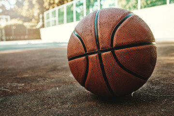 Basketball sport ball in empty basketball court to play, train and practice for tournament game and...