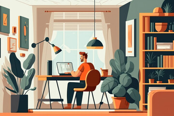 Man working from home or co working space. Freedom life lifestyle concept. Flat design. Generative ai.