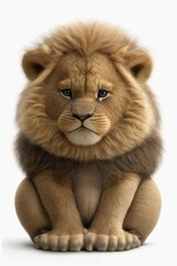 Generative AI of a cute lion sitting isolated on a white background - obrazy, fototapety, plakaty