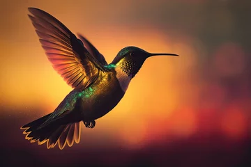 Photo sur Plexiglas Colibri Shot of a Ruby throated Hummingbird in flight, silhouetted against a golden sky and setting sun. The feathers shimmer in the sunlight, revealing a rainbow of hues. Generative AI