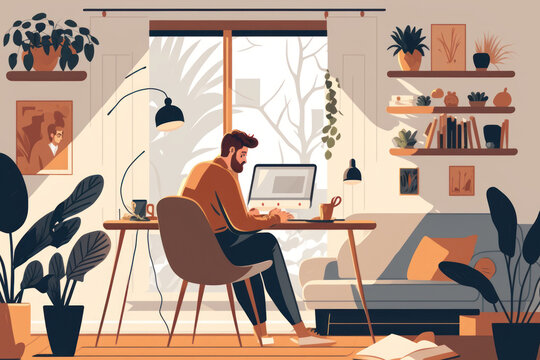 Man working from home or co working space. Freedom life lifestyle concept. Flat design. Generative ai.