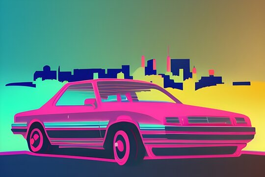Pinker Straßenkreuzer vor der Skyline einer Stadt im Stile der 80er Jahre (Generative AI)