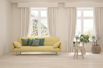 Fototapeta premium White living room with sofa and summer landscape in window. Scandinavian interior design. 3D illustration