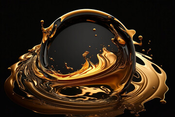 Abstract background with gold and black swirls in the black background. Generative AI.