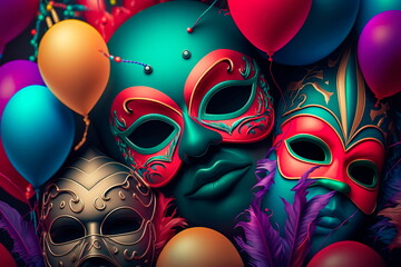 Colorful background carnival festival mask and balloon Generative AI