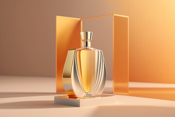 Bottle of perfume in the gold background. Luxury perfume. Generative AI.