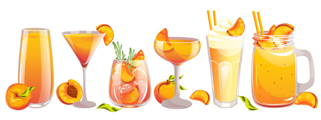 A set of cocktails with peach.Peach juice, smoothie, martini with peach, margarita, milkshake with peach.Vector illustration.